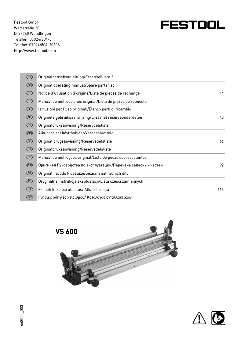 Page n°1 - Manuel utilisateur Festool VS 600