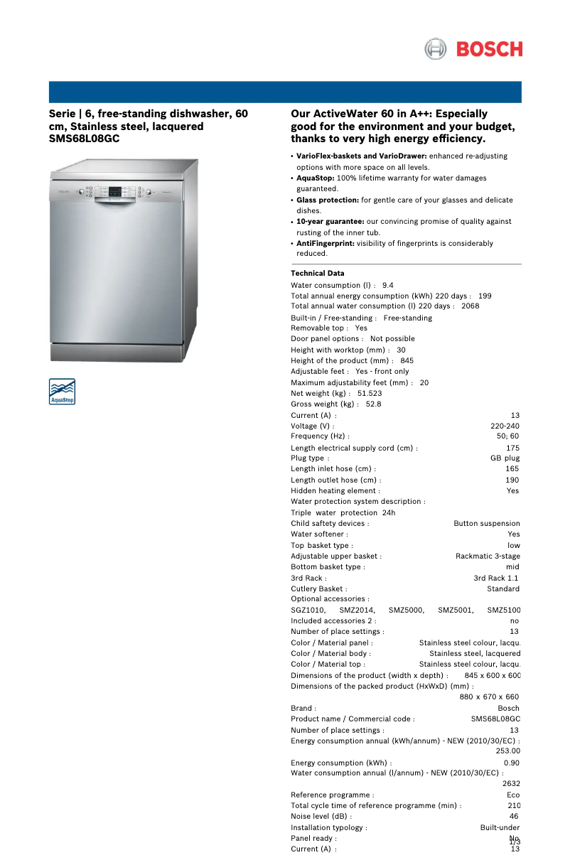 Page 1 de la notice Manuel utilisateur Bosch SMS68L08GC