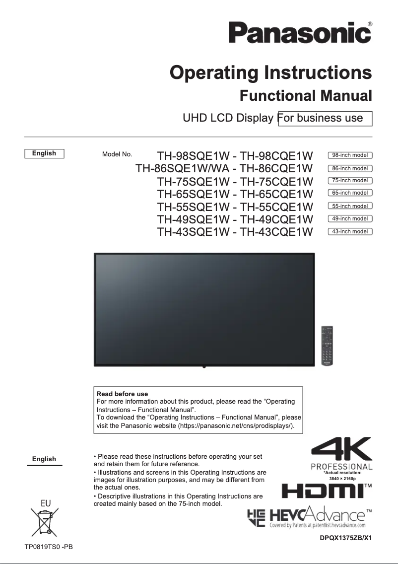 Page 1 de la notice Manuel utilisateur Panasonic TH-86SQE1WA