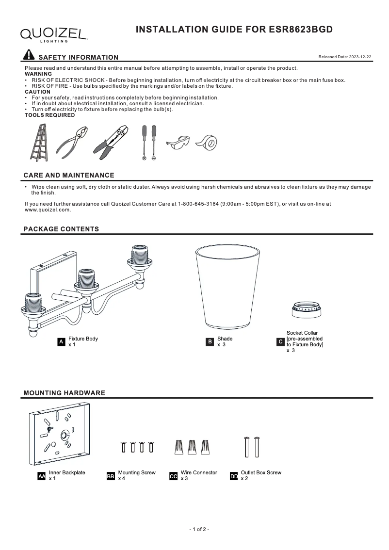 Page 1 de la notice Manuel utilisateur Quoizel Esther ESR8623BGD