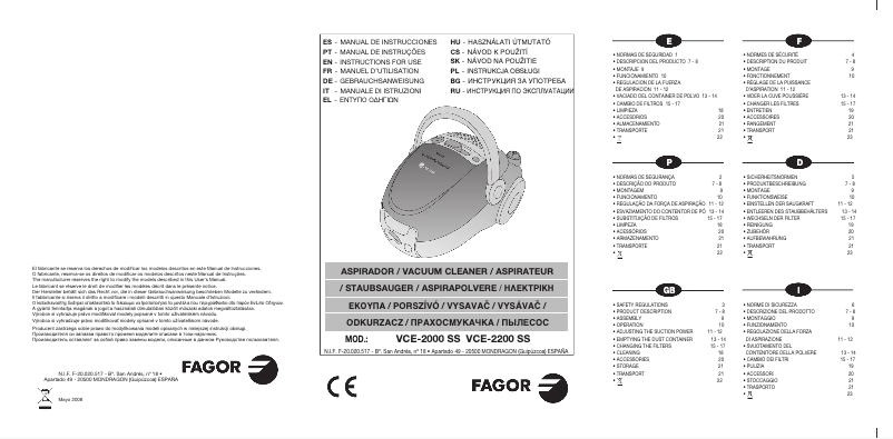 Page n°1 - Manuel utilisateur Fagor VCE-2200 SS