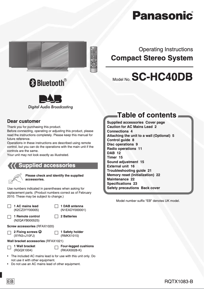 Page n°1 - Manuel utilisateur Panasonic SC-HC40DB