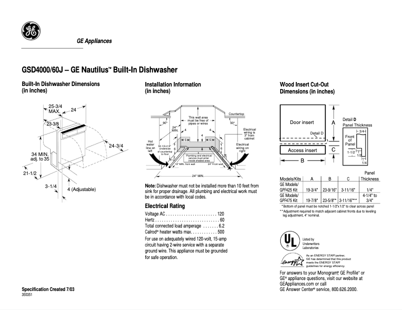 Page 1 de la notice Fiche technique GE Nautilus GSD4000JWW