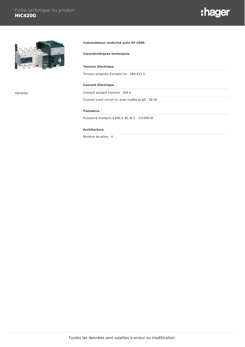 Page 1 de la notice Fiche technique Hager HIC420G