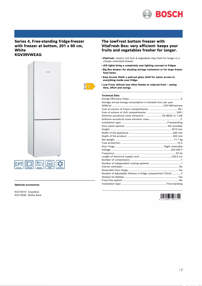 Page n°1 - Fiche technique Bosch KGV39VWEAG