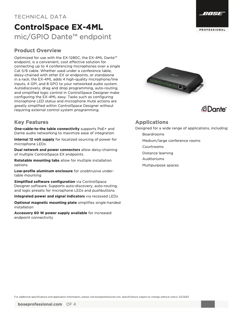 Page 1 de la notice Fiche technique Bose ControlSpace EX-4ML