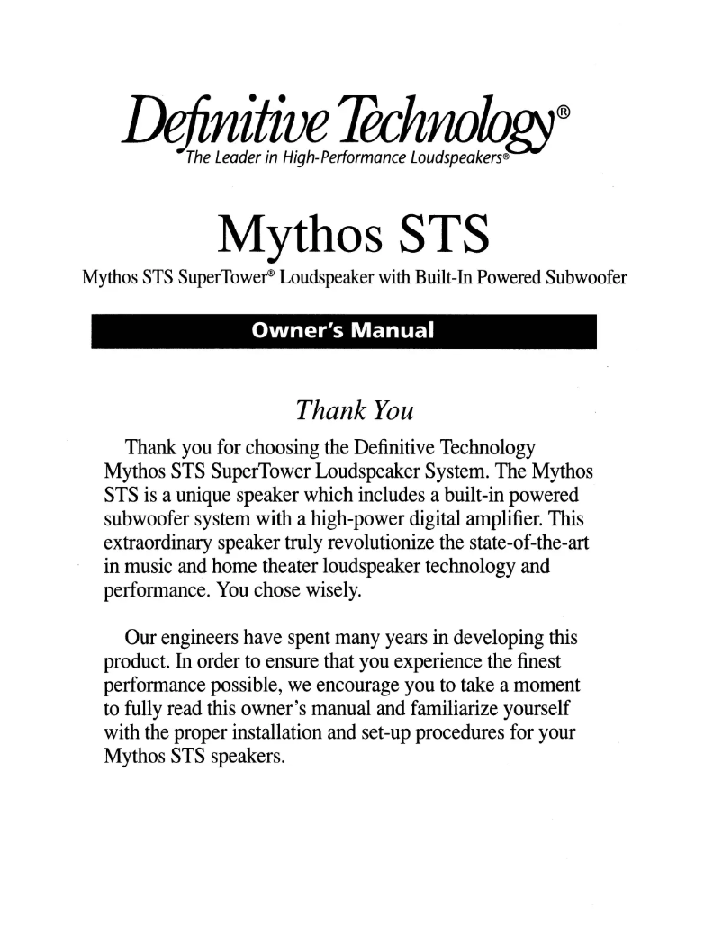 Page 1 de la notice Manuel utilisateur Definitive Technology Mythos STS SuperTower