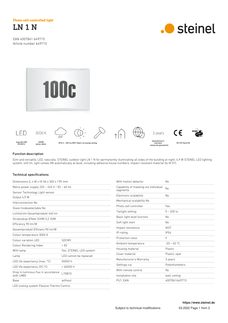 Page 1 de la notice Fiche technique Steinel LN 1 N