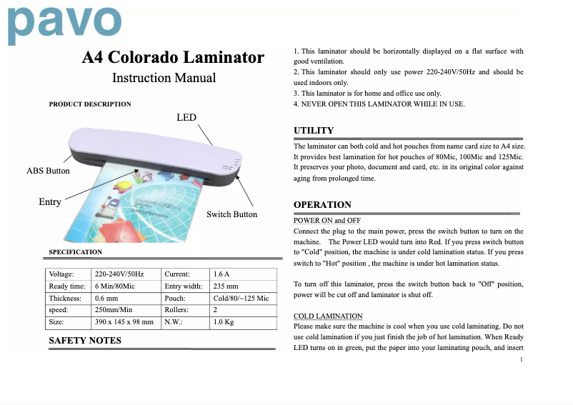 Image de la première page du manuel de l'appareil Colorado