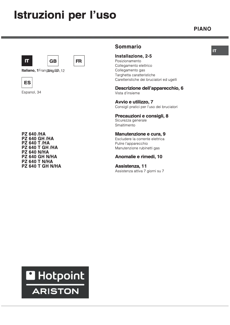 Page 1 de la notice Manuel utilisateur Hotpoint Ariston PZ 640 IX/HA