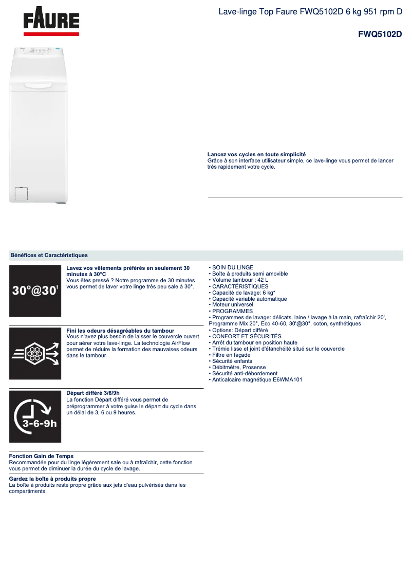 Page 1 de la notice Fiche technique Faure FWQ5102D