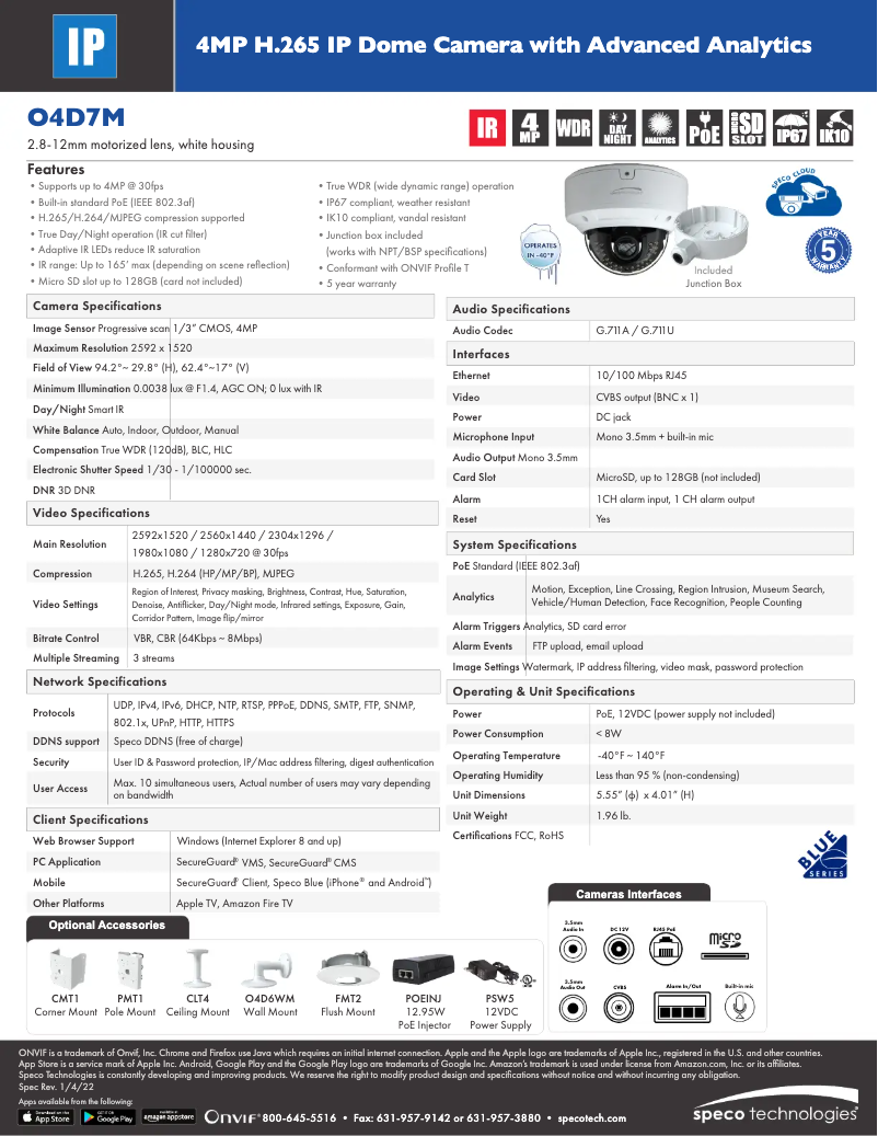Page 1 de la notice Fiche technique Speco Technologies O4D7M