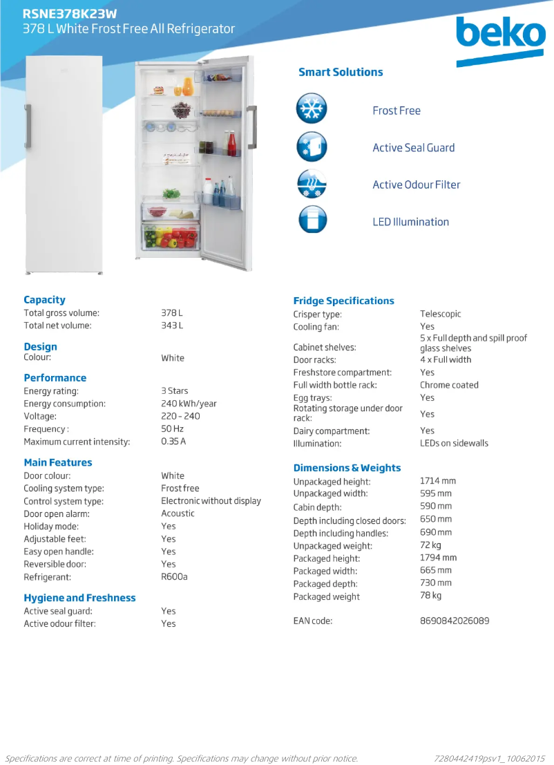 Page 1 de la notice Fiche technique Beko RSNE378K23W