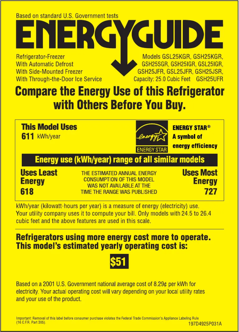 Page 1 de la notice Label énergétique GE GSL25IGRBS