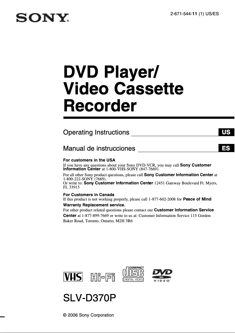 Page 1 de la notice Manuel utilisateur Sony SLV-D370P