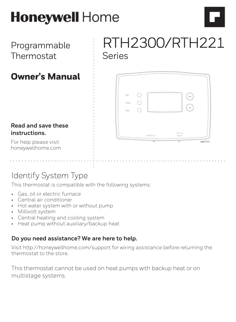 Page 1 de la notice Manuel utilisateur Honeywell RTH221B1039/U1