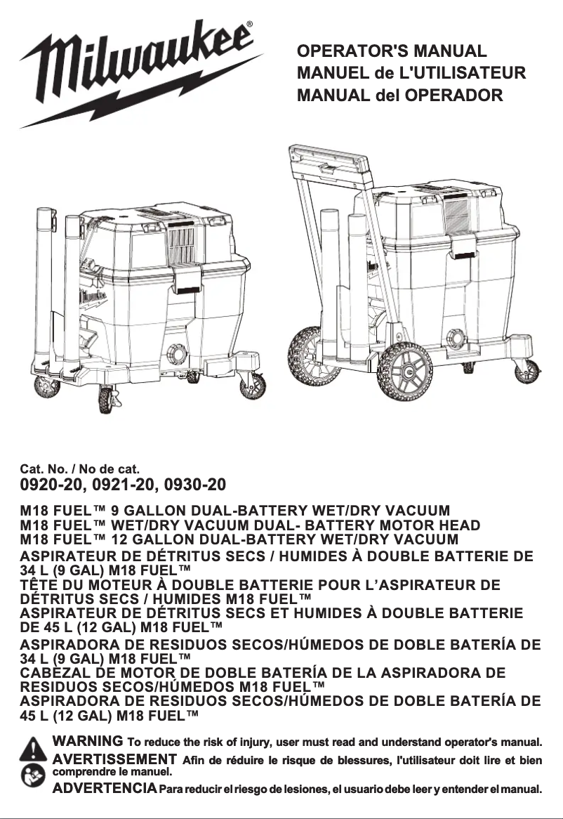 Page 1 de la notice Manuel utilisateur Milwaukee M18 Fuel 0920-22HD