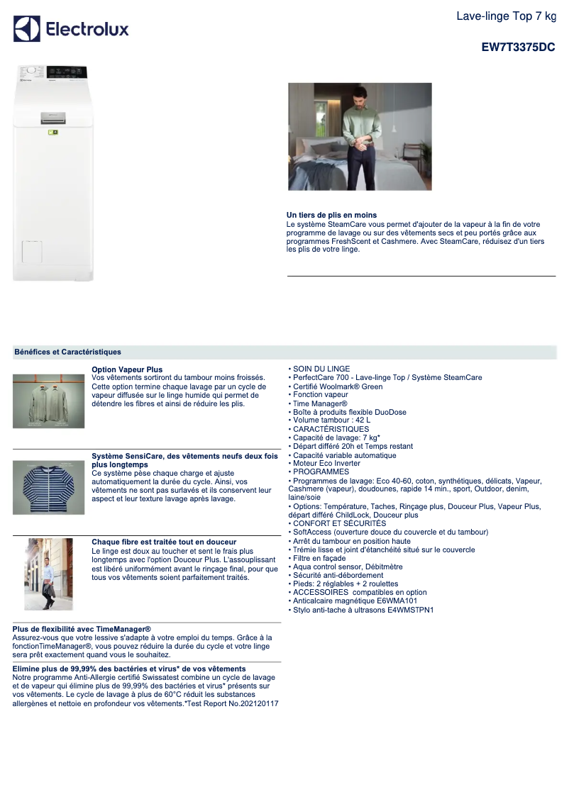 Página 1 del manual Ficha técnica Electrolux EW7T3375DC