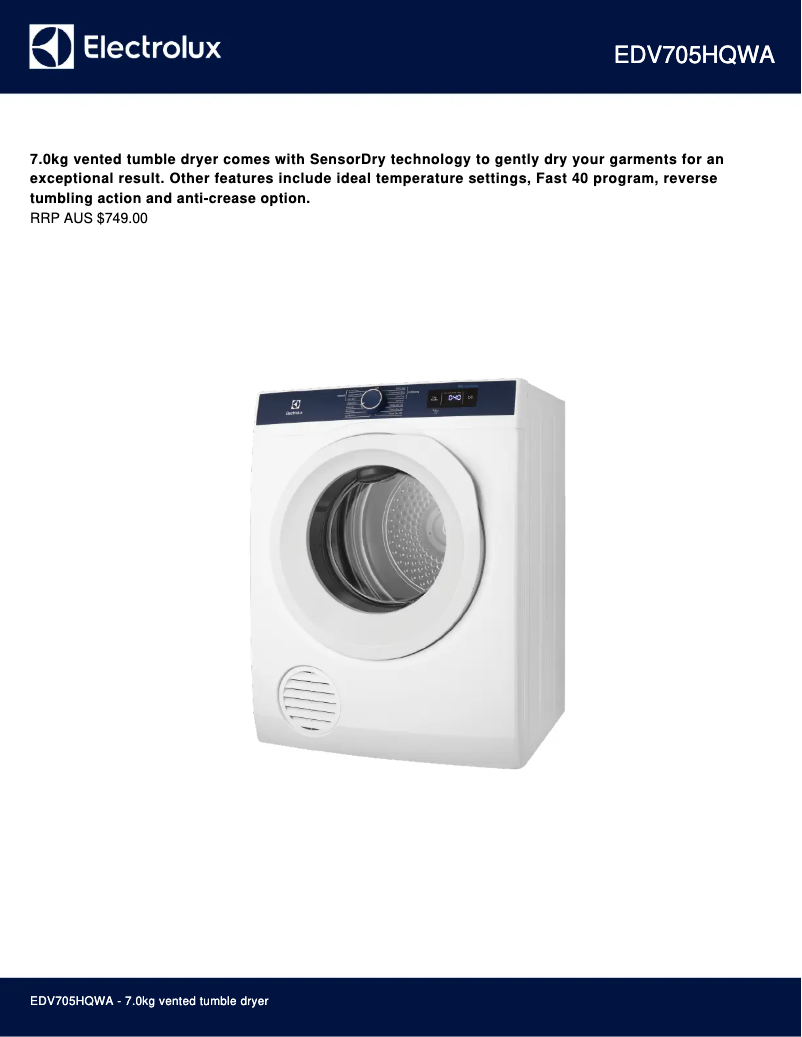 Page 1 de la notice Fiche technique Electrolux EDV705HQWA