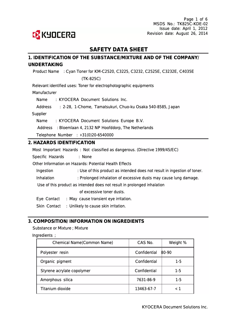 Page n°1 - Instructions de sécurité Kyocera KM-C2525E