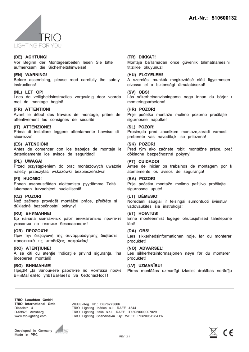 Page 1 de la notice Manuel utilisateur Trio Lighting Robin 510600132