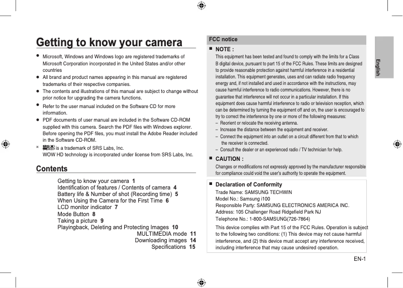 Page 1 de la notice Manuel utilisateur Samsung I100