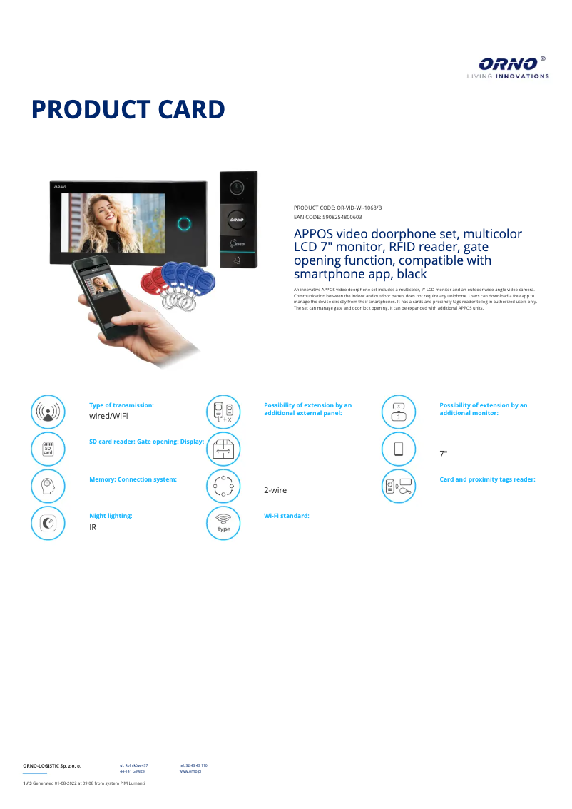 Page 1 de la notice Fiche technique ORNO OR-VID-WI-1068