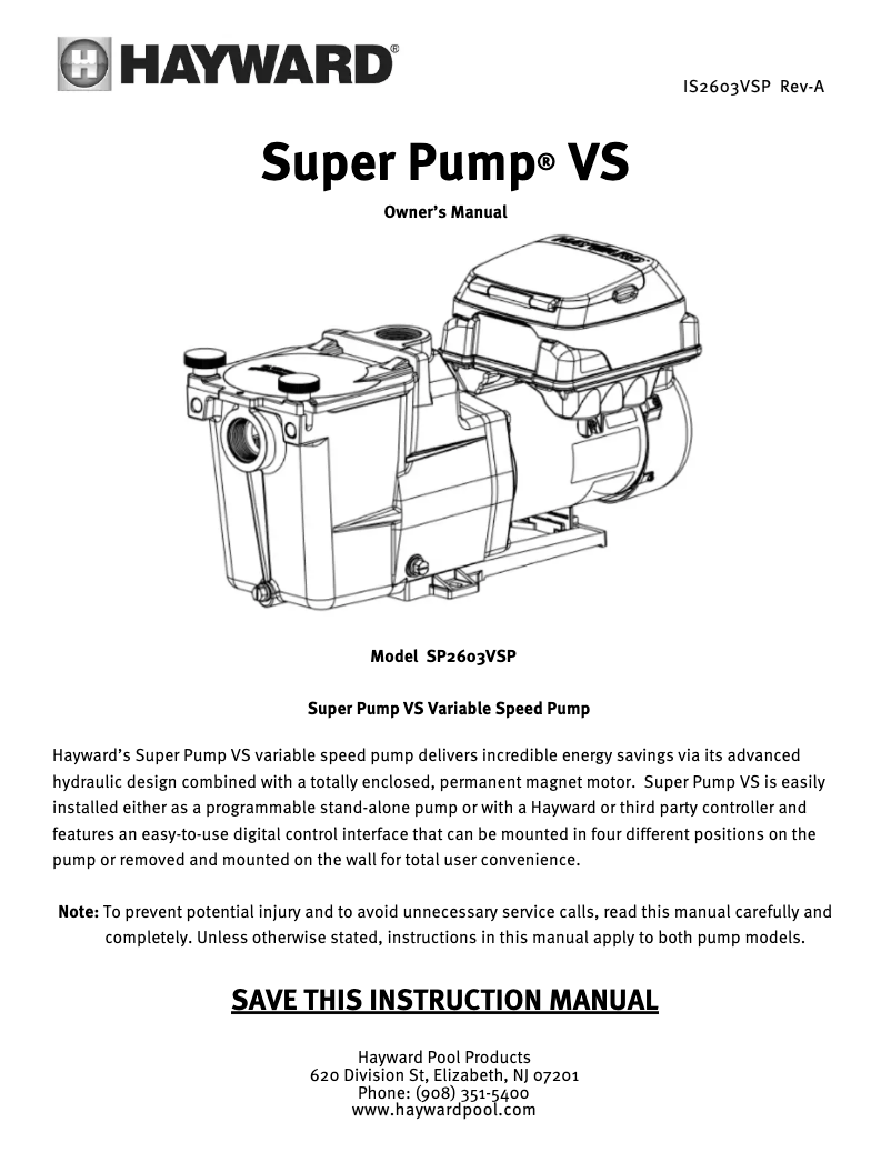 Page 1 de la notice Manuel utilisateur Hayward Super Pump VS
