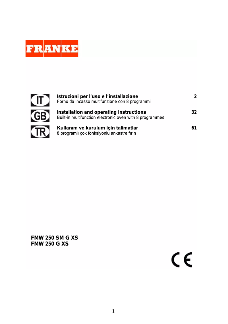 Page 1 de la notice Manuel utilisateur Franke FMW 250 SM G XS