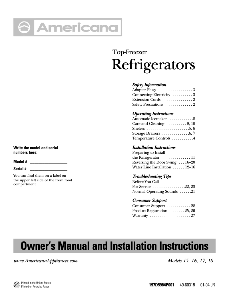 Page 1 de la notice Guide d'installation Americana A3315ABRWW