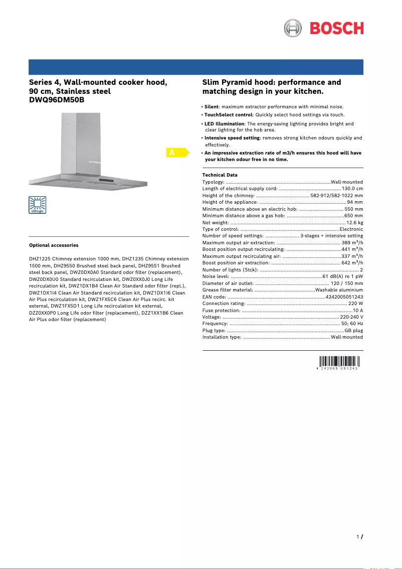 Page 1 de la notice Fiche technique Bosch Serie 4 DWQ96DM50B