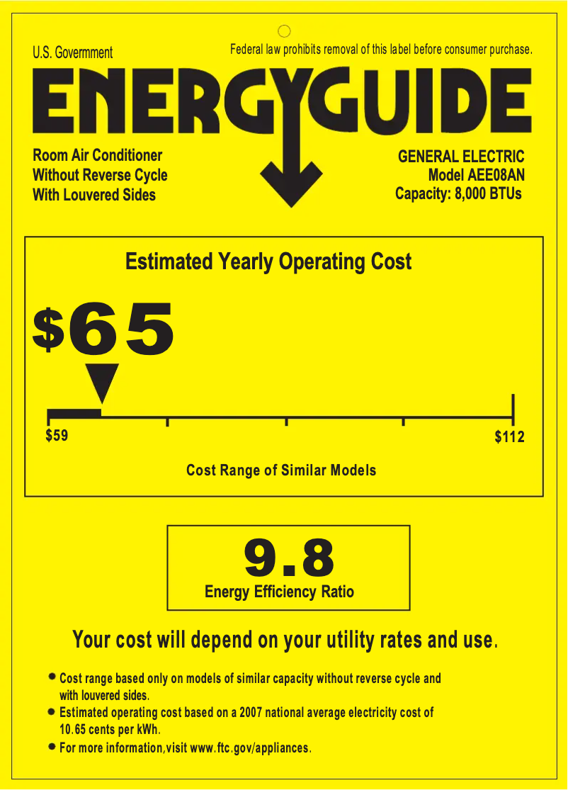 Page 1 de la notice Label énergétique GE AEE08AN