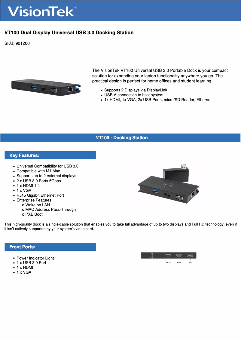 Page 1 de la notice Manuel utilisateur VisionTek VT100