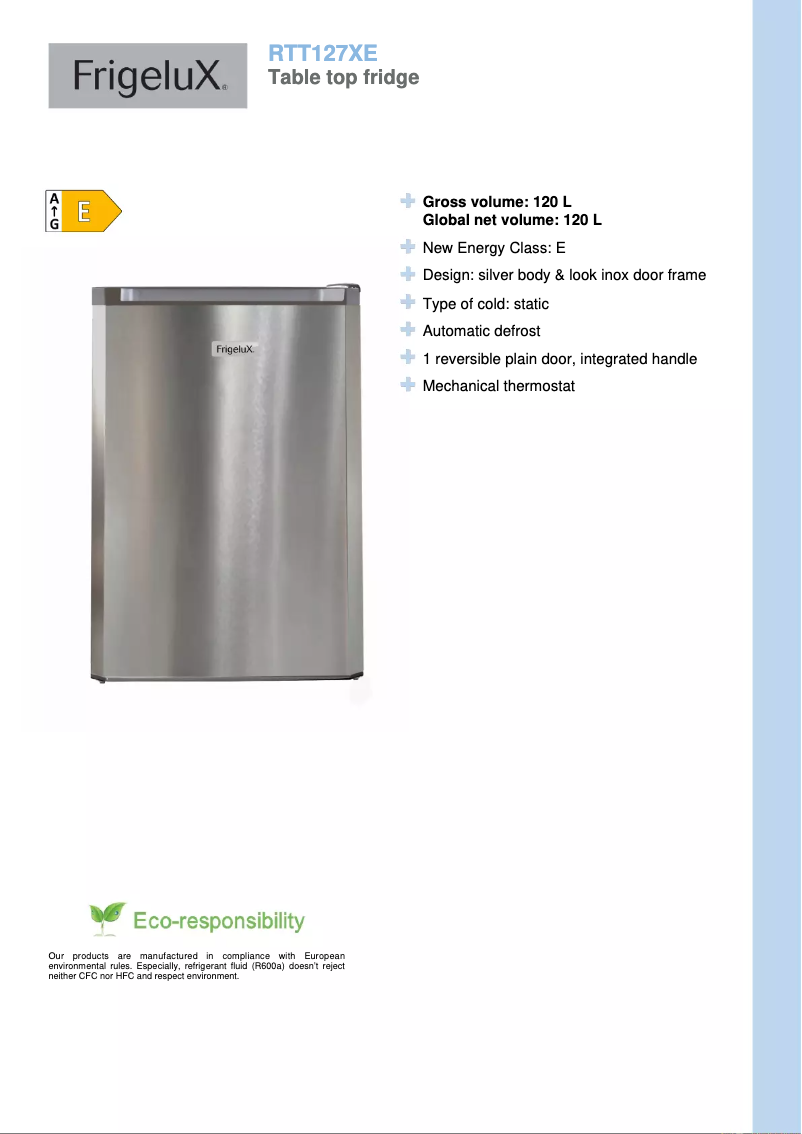 Página 1 del manual Ficha técnica FrigeluX RTT127XE