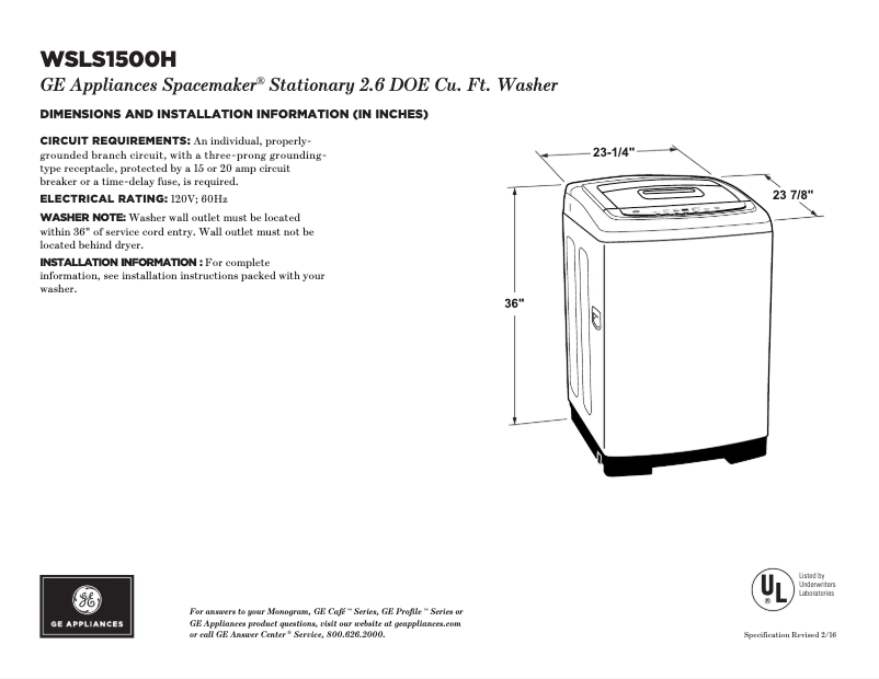Page 1 de la notice Fiche technique GE WSLS1500HWW