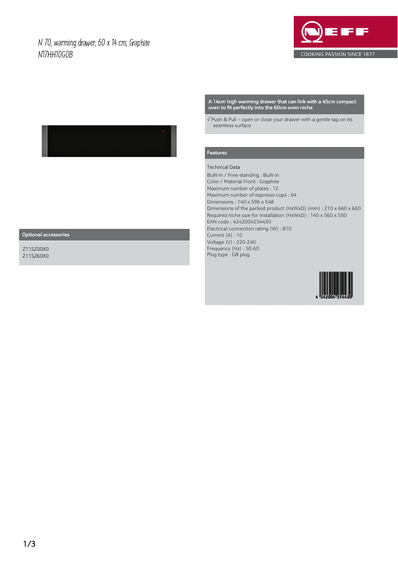 Page 1 de la notice Fiche technique Neff N17HH10G0B