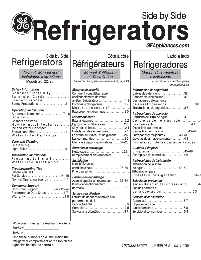 Page 1 de la notice Mode d'emploi GE GSH22JGDCC