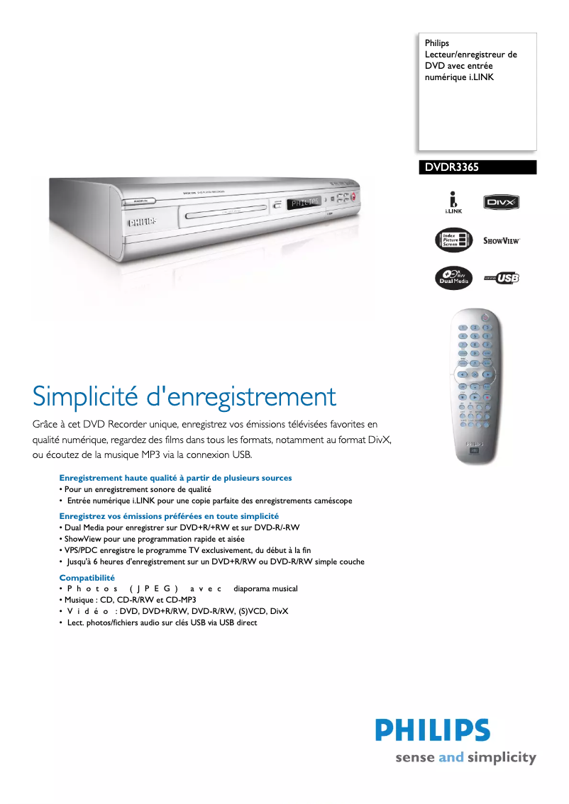 Page n°1 - Fiche technique Philips DVDR3365