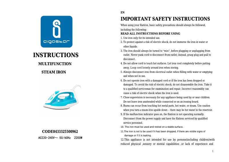 Page 1 de la notice Manuel utilisateur Aigostar 31HGB