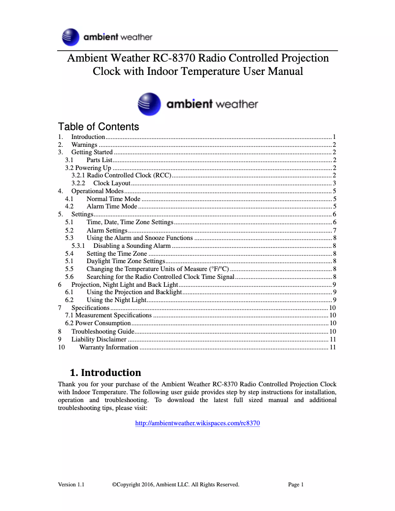 Page 1 de la notice Manuel utilisateur Ambient Weather RC-8370