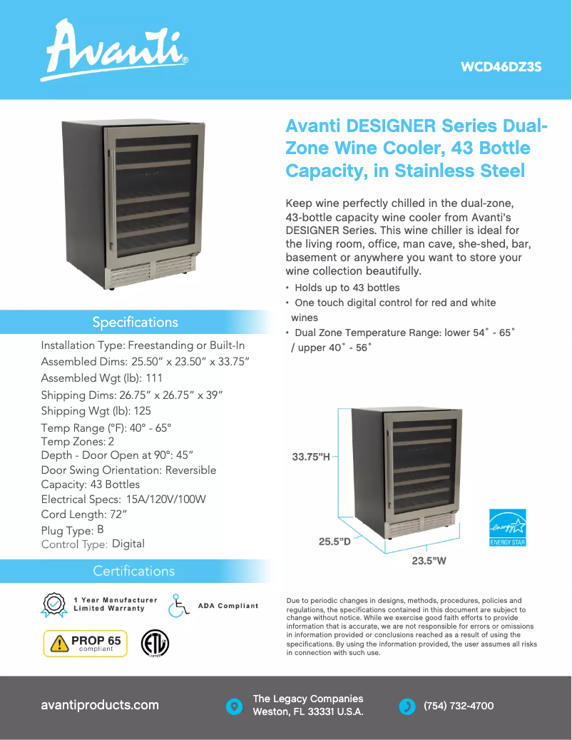 Page 1 de la notice Fiche technique Avanti WCD46DZ3S