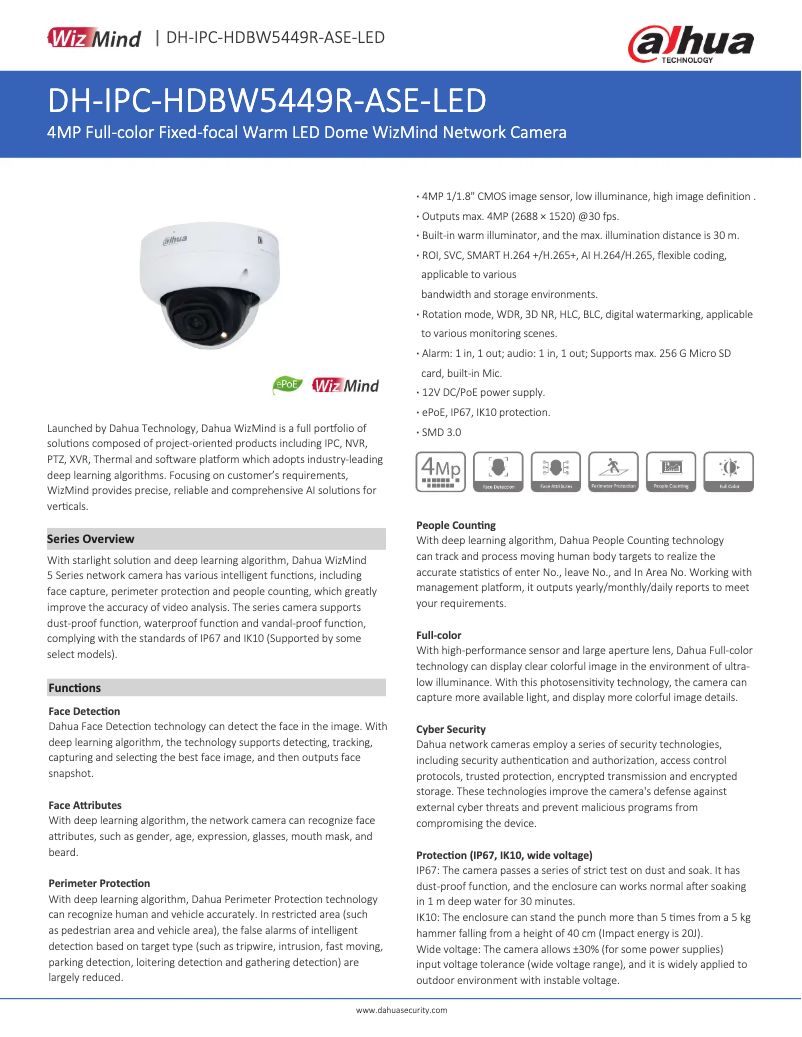 Page n°1 - Fiche technique Dahua Technology IPC-HDBW5449R-ASE-LED