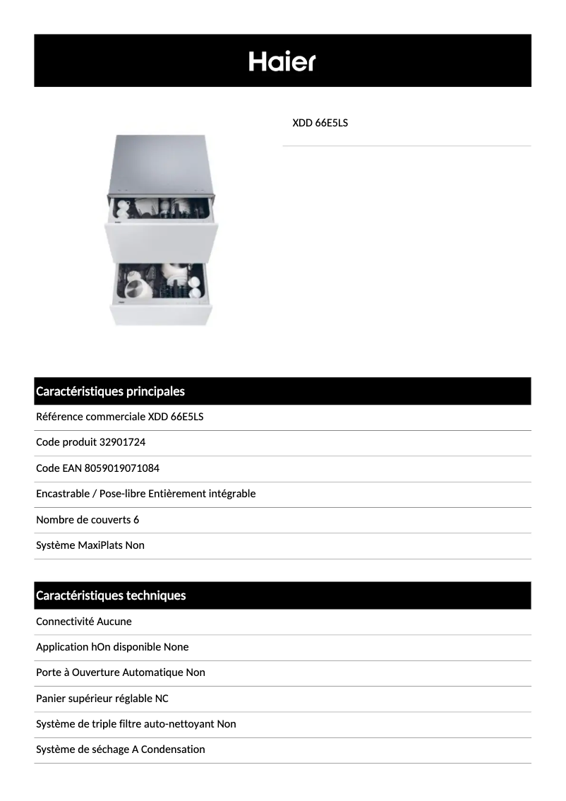 Page 1 de la notice Fiche technique Haier XDD 66E5LS