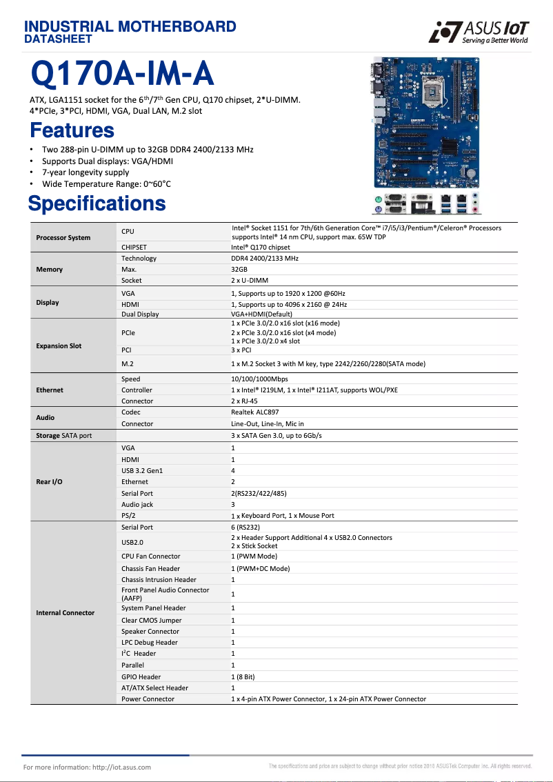 Page 1 de la notice Fiche technique Asus Q170A-IM-A