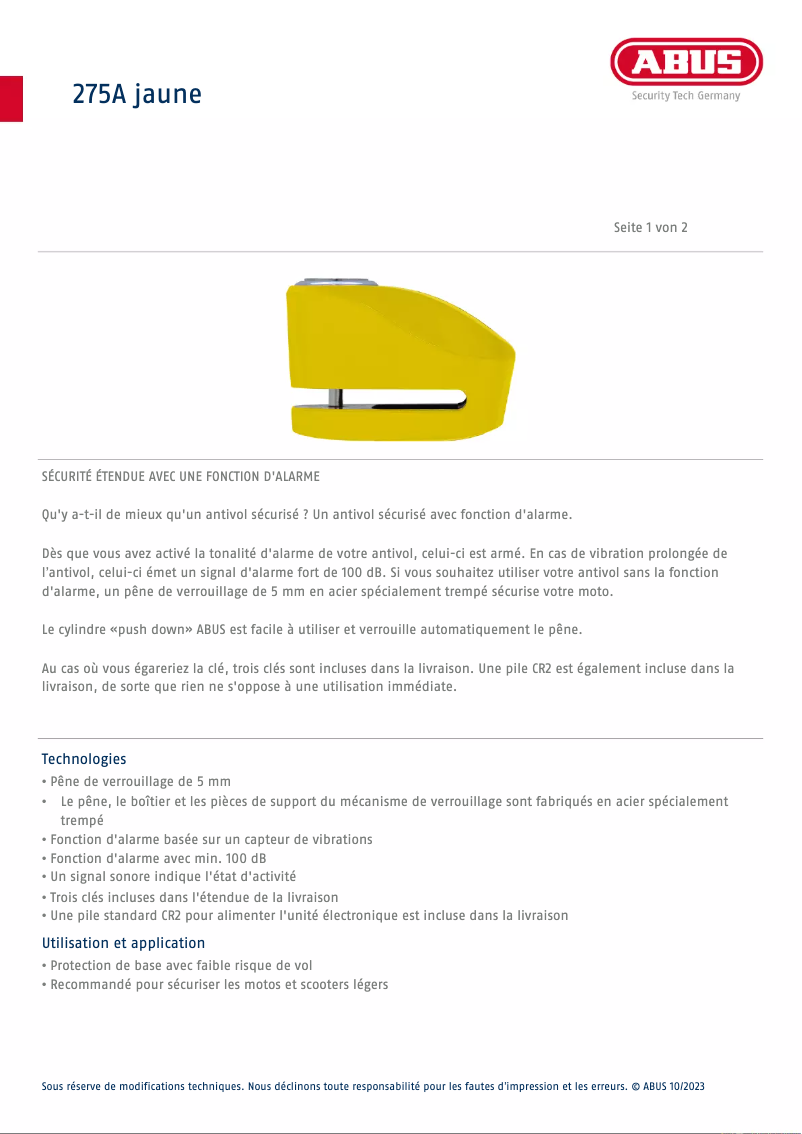 Página 1 del manual Ficha técnica Abus 275A