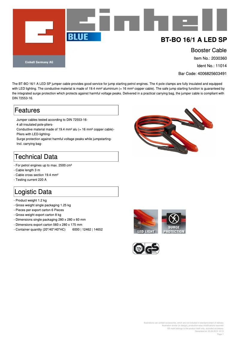 Page n°1 - Fiche technique Einhell BT-BO 16/1 A LED SP