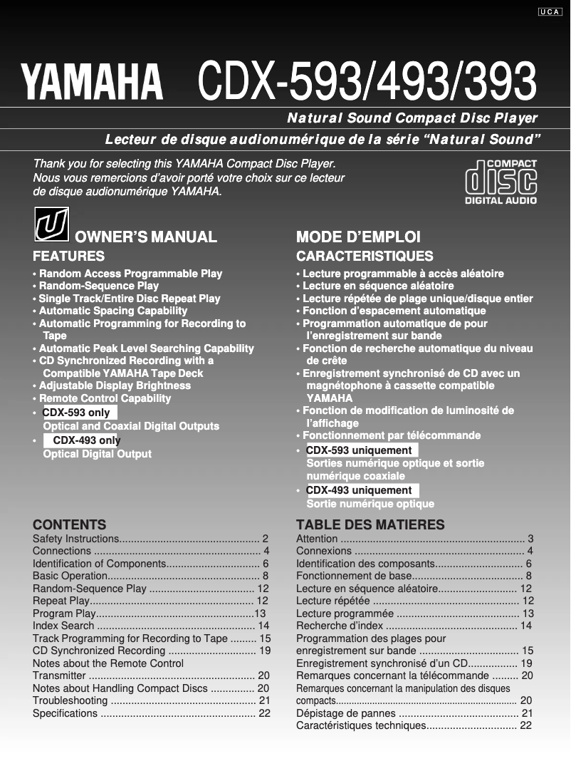 Page n°1 - Manuel utilisateur Yamaha CDX-593