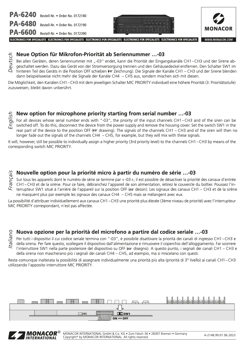 Page 1 de la notice Manuel utilisateur Monacor PA-6480