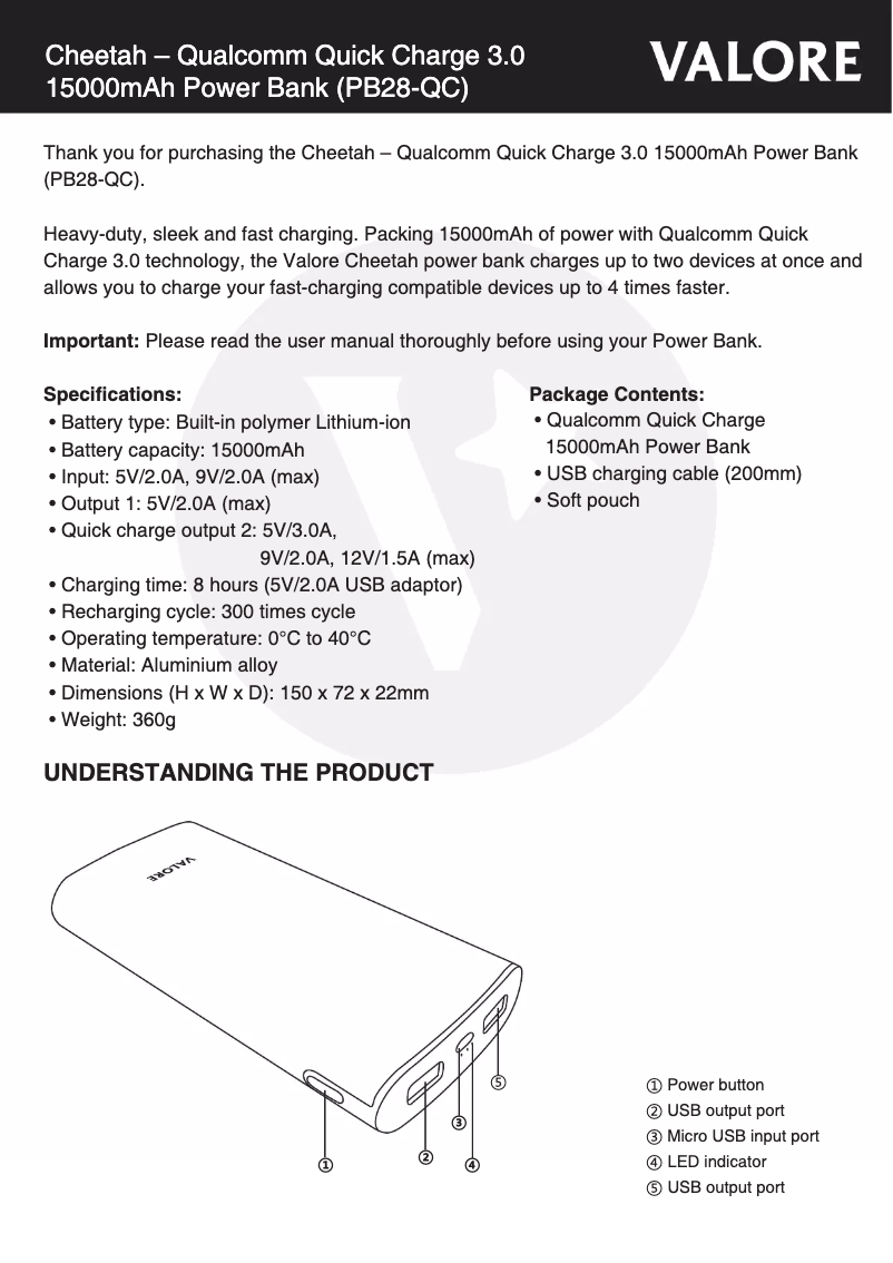 Page 1 de la notice Manuel utilisateur Valore PB28-QC