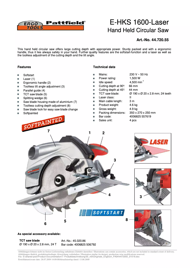 Page n°1 - Manuel utilisateur Ergotools Pattfield E-HKS 1600-Laser